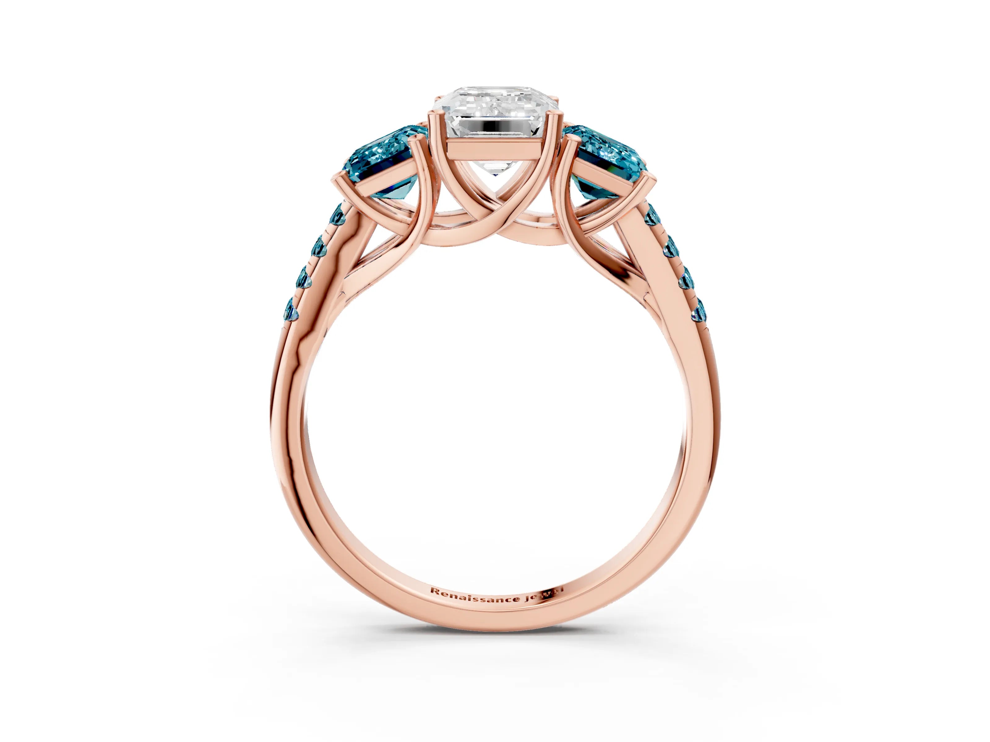 Rose gold Three-Stone Emerald Cut Diamond Ring with Round with Blue Topaz side stone Pavé Band and Prong Setting_3