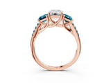 Rose gold Three-Stone Emerald Cut Diamond Ring with Round with Blue Topaz side stone Pavé Band and Prong Setting_3