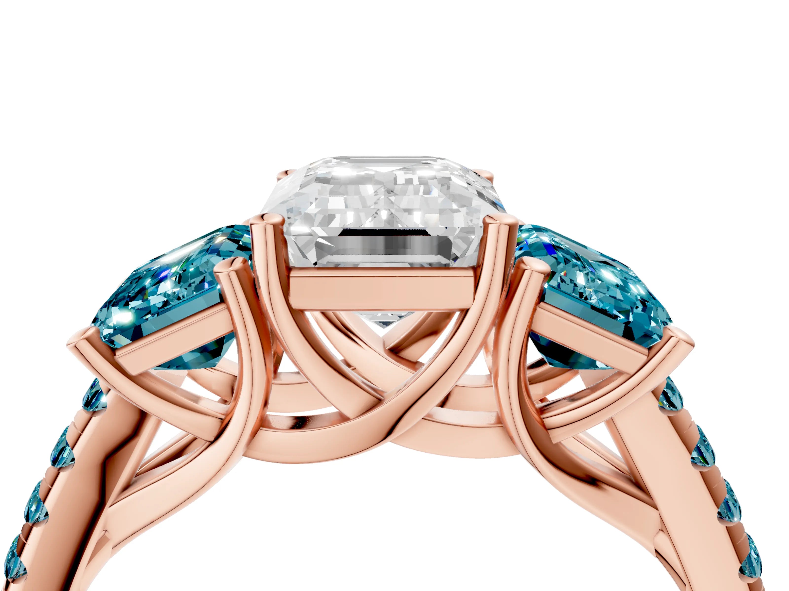 Rose gold Three-Stone Emerald Cut Diamond Ring with Round with Blue Topaz side stone Pavé Band and Prong Setting_4