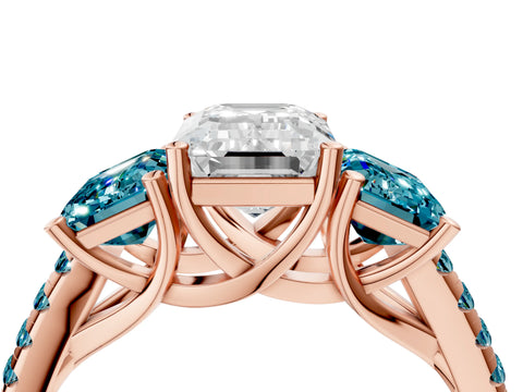 Rose gold Three-Stone Emerald Cut Diamond Ring with Round with Blue Topaz side stone Pavé Band and Prong Setting_4