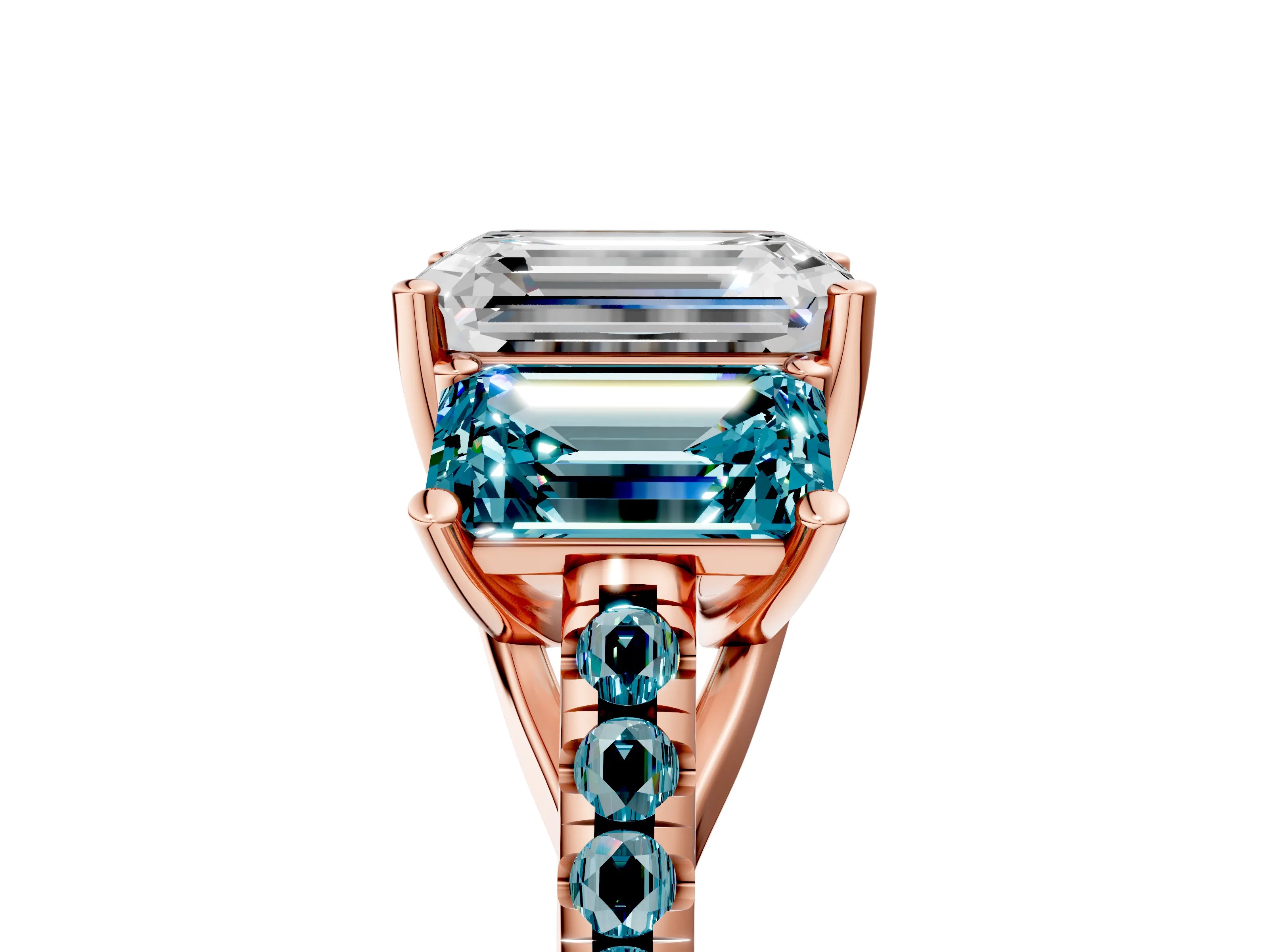 Rose gold Three-Stone Emerald Cut Diamond Ring with Round with Blue Topaz side stone Pavé Band and Prong Setting_5