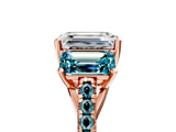 Rose gold Three-Stone Emerald Cut Diamond Ring with Round with Blue Topaz side stone Pavé Band and Prong Setting_5