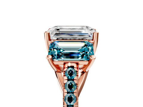 Rose gold Three-Stone Emerald Cut Diamond Ring with Round with Blue Topaz side stone Pavé Band and Prong Setting_5