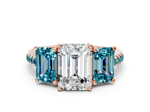 Rose gold Three-Stone Emerald Cut Diamond Ring with Round with Blue Topaz side stone Pavé Band and Prong Setting