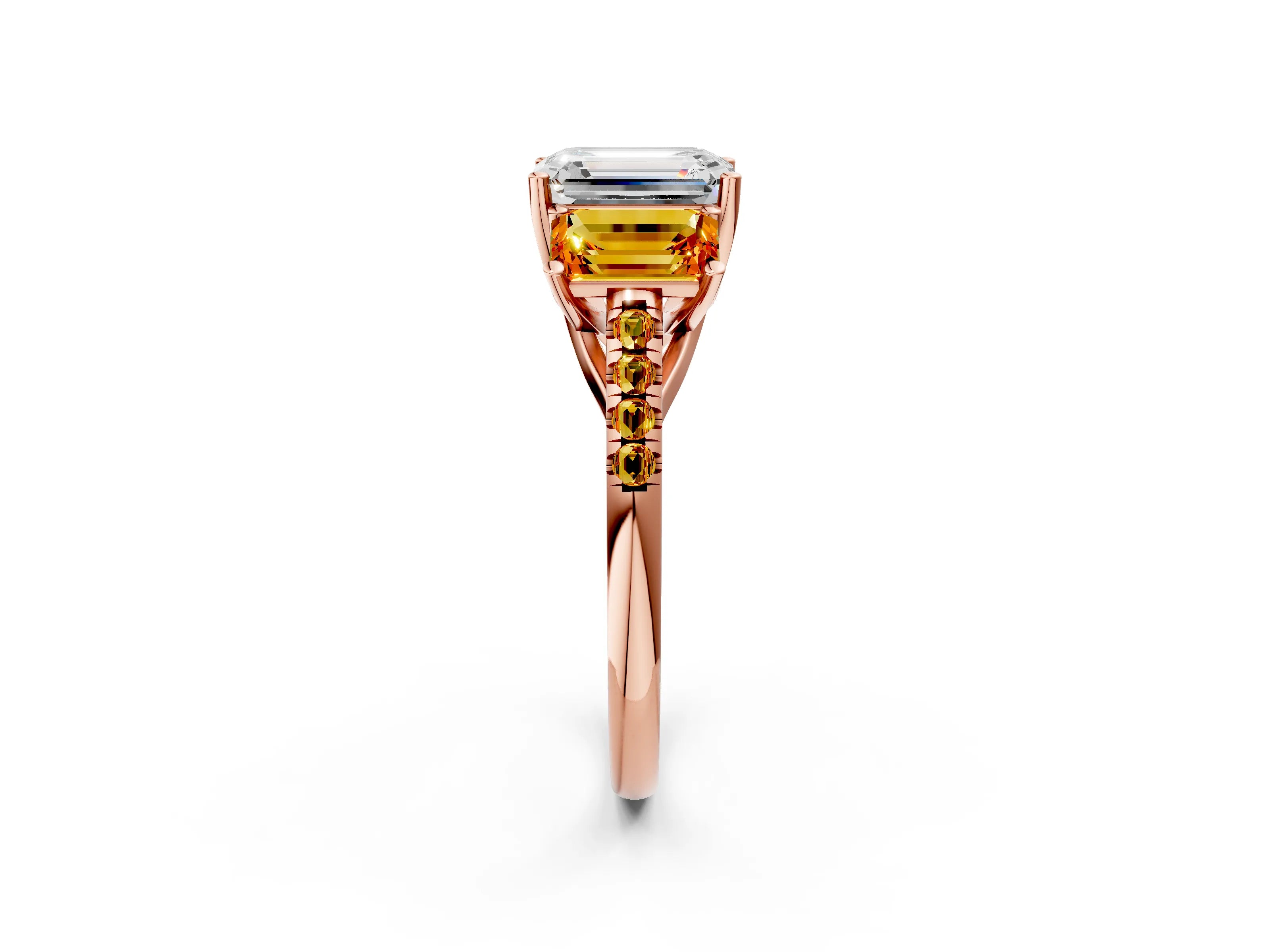 Rose gold Three-Stone Emerald Cut Diamond Ring with Round with Citrine side stone Pavé Band and Prong Setting_2