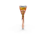 Rose gold Three-Stone Emerald Cut Diamond Ring with Round with Citrine side stone Pavé Band and Prong Setting_2