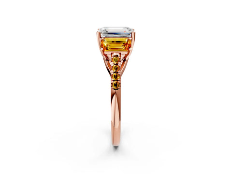 Rose gold Three-Stone Emerald Cut Diamond Ring with Round with Citrine side stone Pavé Band and Prong Setting_2