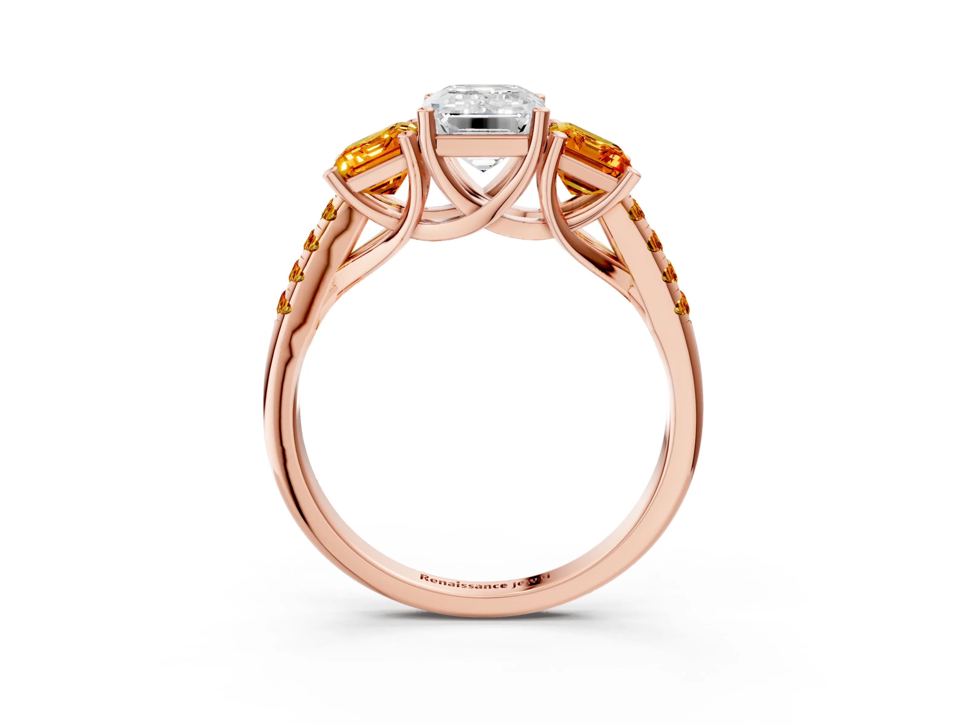 Rose gold Three-Stone Emerald Cut Diamond Ring with Round with Citrine side stone Pavé Band and Prong Setting_3