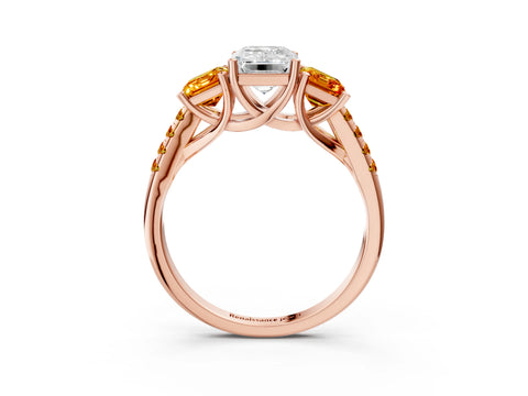 Rose gold Three-Stone Emerald Cut Diamond Ring with Round with Citrine side stone Pavé Band and Prong Setting_3