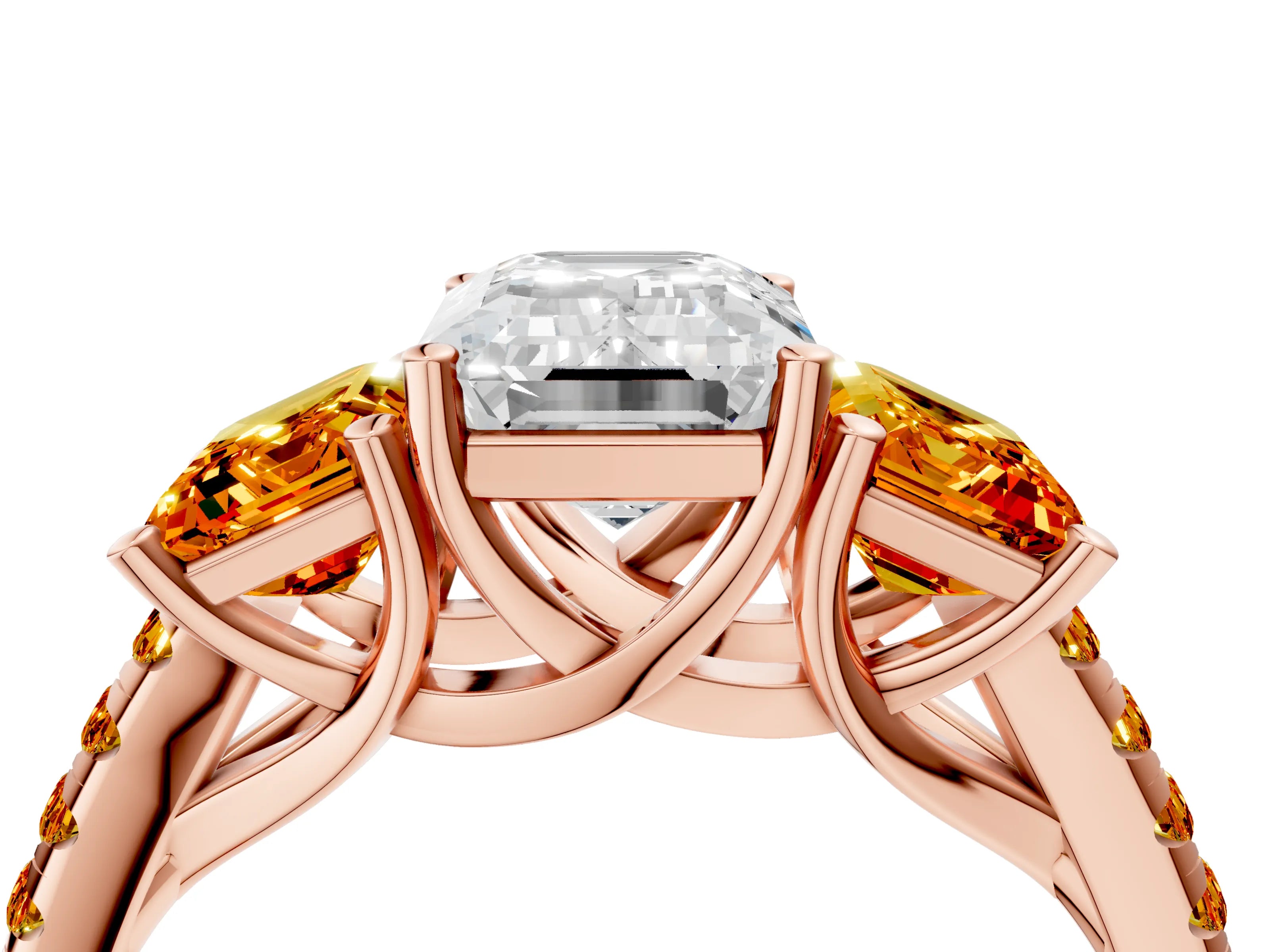 Rose gold Three-Stone Emerald Cut Diamond Ring with Round with Citrine side stone Pavé Band and Prong Setting_4