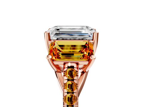 Rose gold Three-Stone Emerald Cut Diamond Ring with Round with Citrine side stone Pavé Band and Prong Setting_5