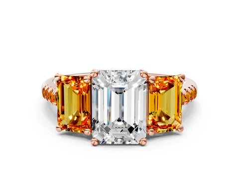 Rose gold Three-Stone Emerald Cut Diamond Ring with Round with Citrine side stone Pavé Band and Prong Setting