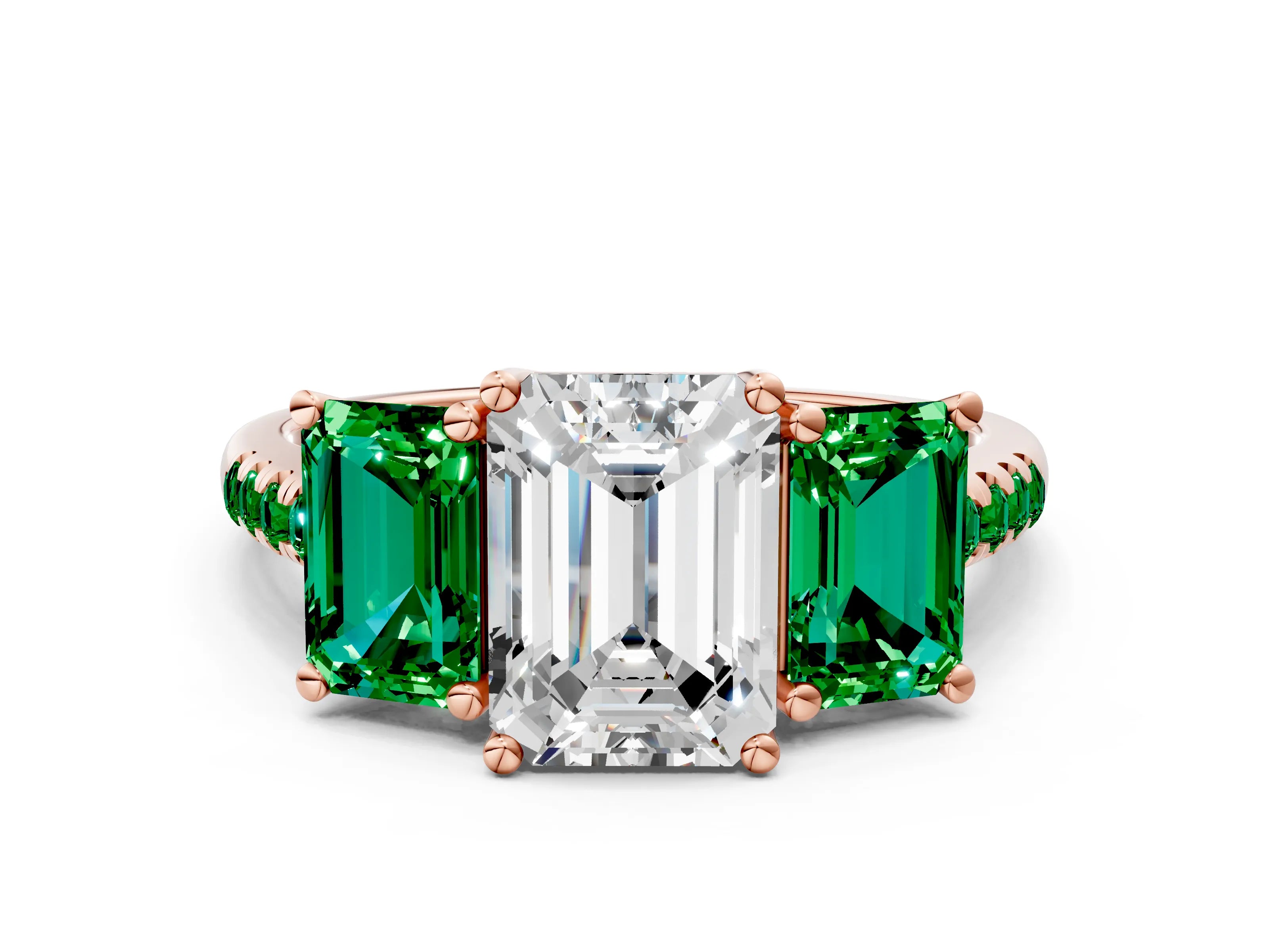 Rose gold Three-Stone Emerald Cut Diamond Ring with Round with Emerald side stone Pavé Band and Prong Setting