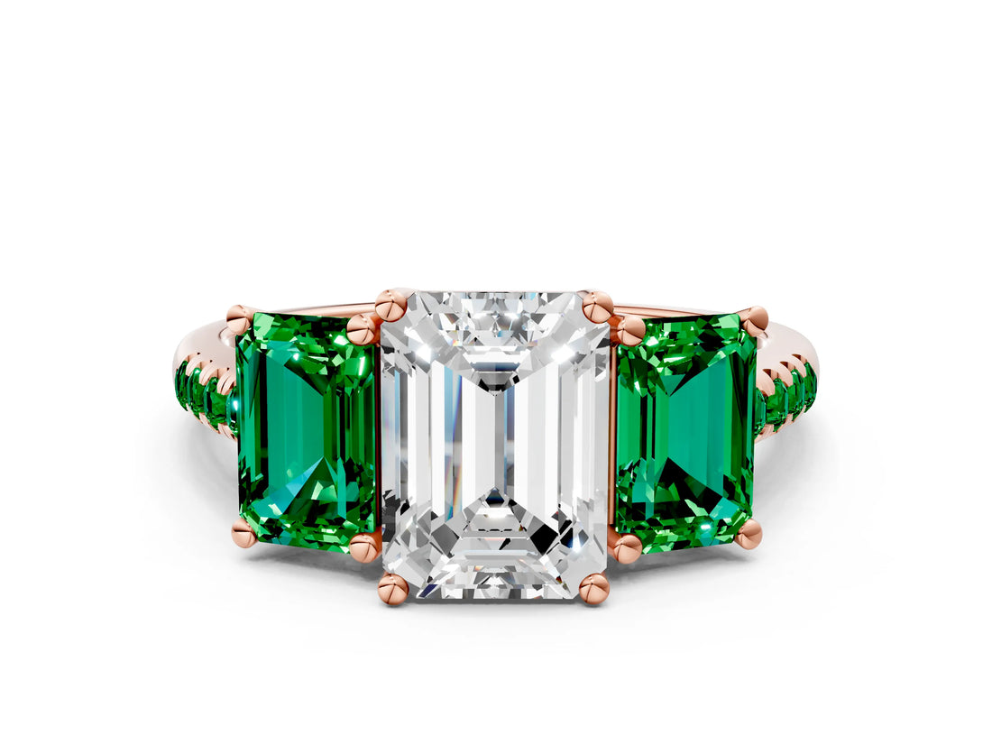 Rose gold Three-Stone Emerald Cut Diamond Ring with Round with Emerald side stone Pavé Band and Prong Setting