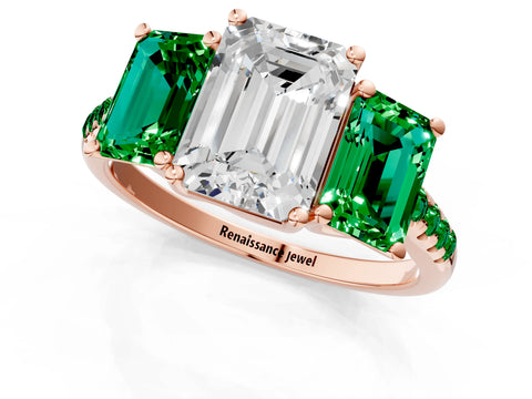 Rose gold Three-Stone Emerald Cut Diamond Ring with Round with Emerald side stone Pavé Band and Prong Setting_1