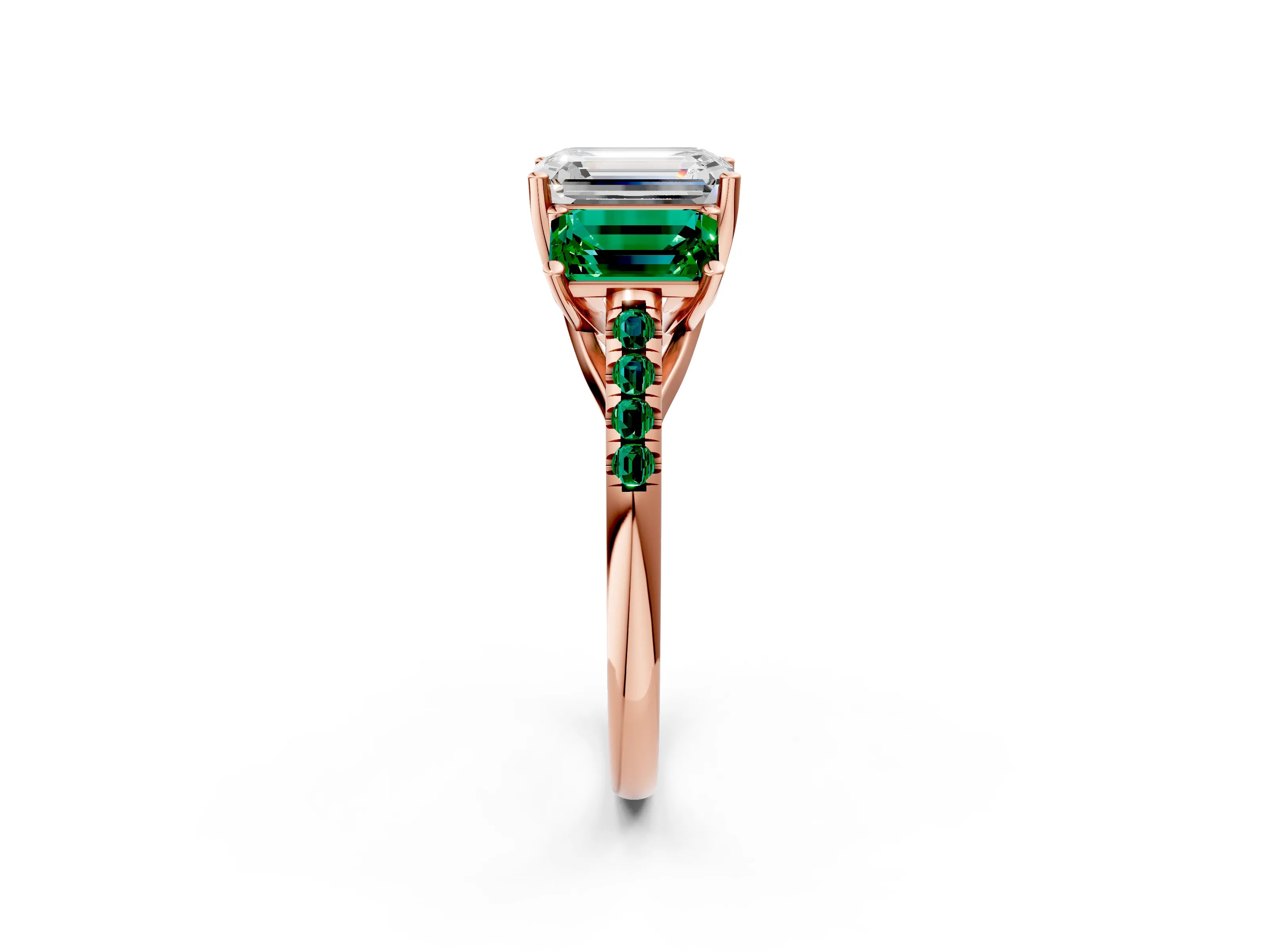 Rose gold Three-Stone Emerald Cut Diamond Ring with Round with Emerald side stone Pavé Band and Prong Setting_2