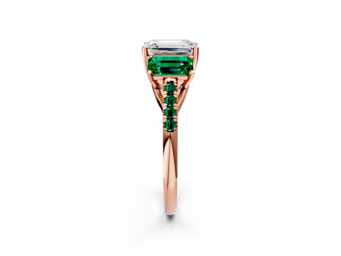Rose gold Three-Stone Emerald Cut Diamond Ring with Round with Emerald side stone Pavé Band and Prong Setting_2