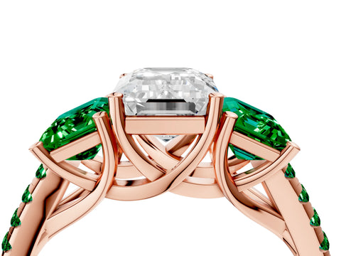 Rose gold Three-Stone Emerald Cut Diamond Ring with Round with Emerald side stone Pavé Band and Prong Setting_4