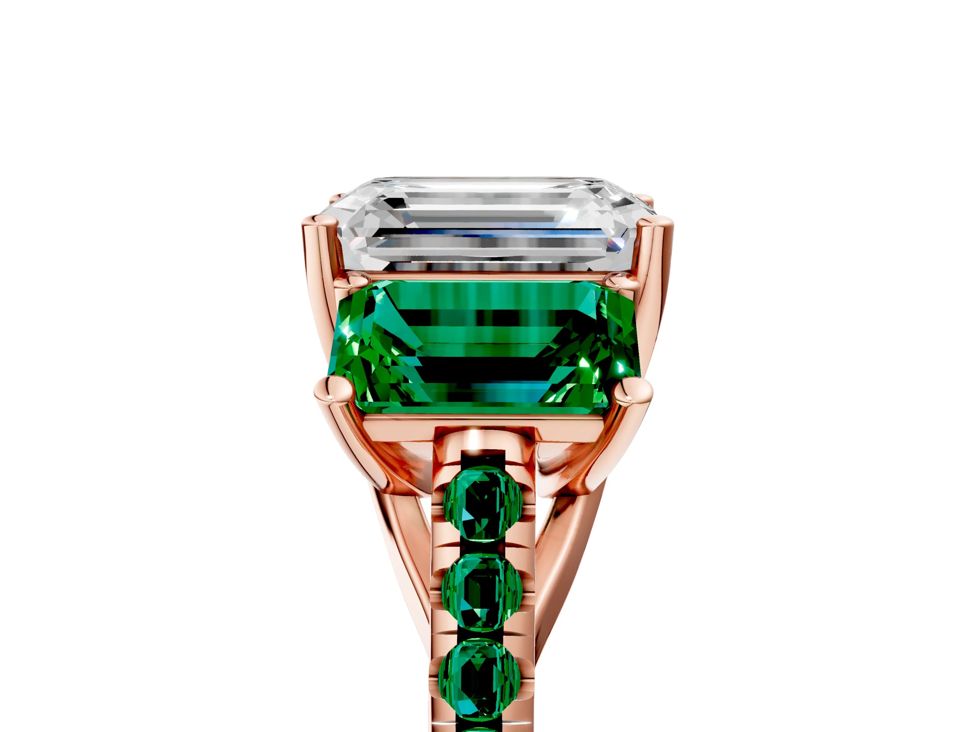 Rose gold Three-Stone Emerald Cut Diamond Ring with Round with Emerald side stone Pavé Band and Prong Setting_5