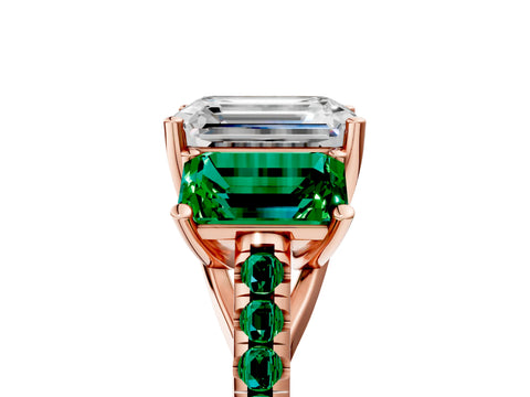 Rose gold Three-Stone Emerald Cut Diamond Ring with Round with Emerald side stone Pavé Band and Prong Setting_5
