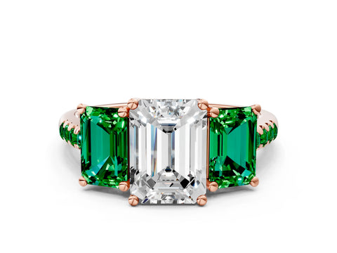 Rose gold Three-Stone Emerald Cut Diamond Ring with Round with Emerald side stone Pavé Band and Prong Setting