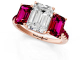 Rose gold Three-Stone Emerald Cut Diamond Ring with Round with Garnet side stone Pavé Band and Prong Setting_1