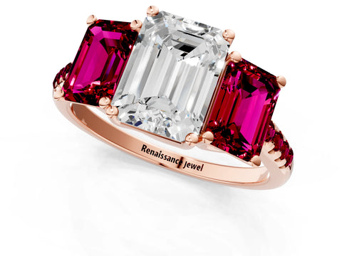 Rose gold Three-Stone Emerald Cut Diamond Ring with Round with Garnet side stone Pavé Band and Prong Setting_1