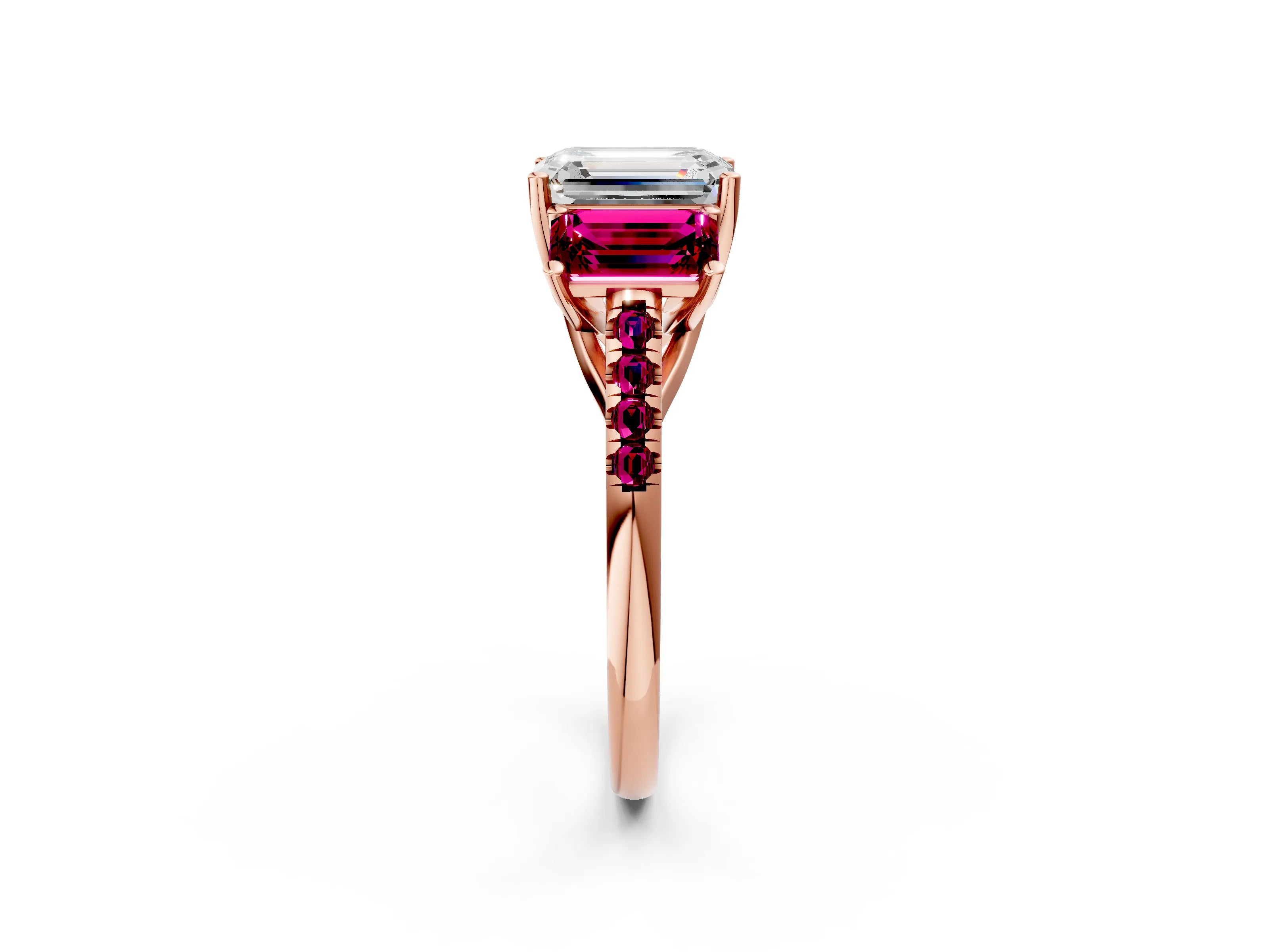 Rose gold Three-Stone Emerald Cut Diamond Ring with Round with Garnet side stone Pavé Band and Prong Setting_2