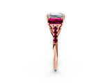 Rose gold Three-Stone Emerald Cut Diamond Ring with Round with Garnet side stone Pavé Band and Prong Setting_2