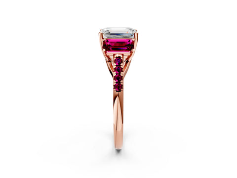 Rose gold Three-Stone Emerald Cut Diamond Ring with Round with Garnet side stone Pavé Band and Prong Setting_2