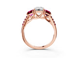 Rose gold Three-Stone Emerald Cut Diamond Ring with Round with Garnet side stone Pavé Band and Prong Setting_3