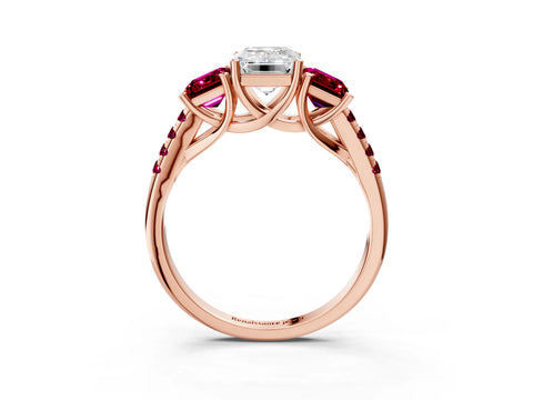 Rose gold Three-Stone Emerald Cut Diamond Ring with Round with Garnet side stone Pavé Band and Prong Setting_3
