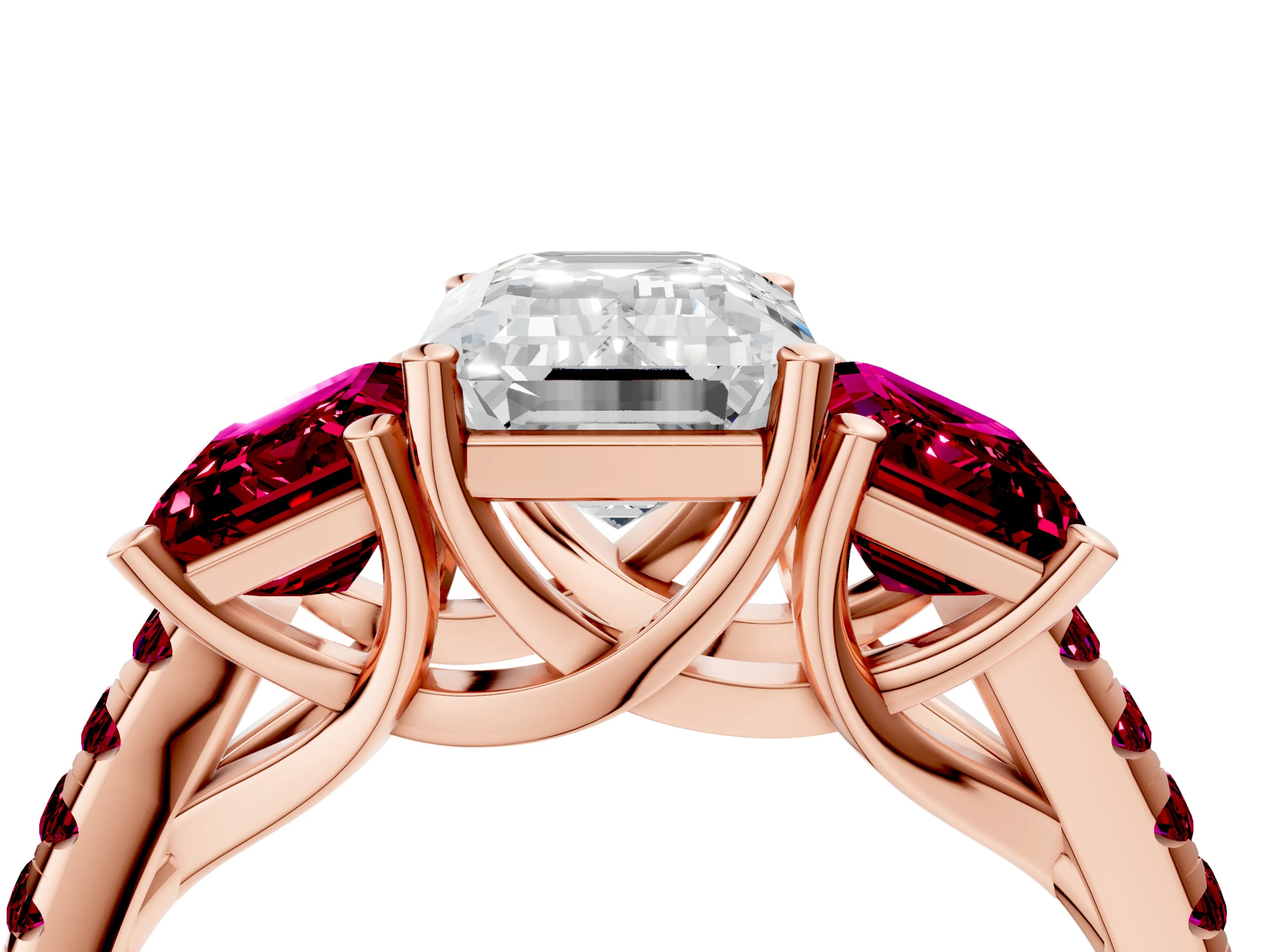 Rose gold Three-Stone Emerald Cut Diamond Ring with Round with Garnet side stone Pavé Band and Prong Setting_4