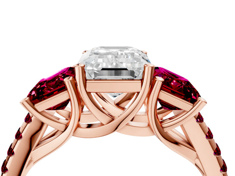 Rose gold Three-Stone Emerald Cut Diamond Ring with Round with Garnet side stone Pavé Band and Prong Setting_4