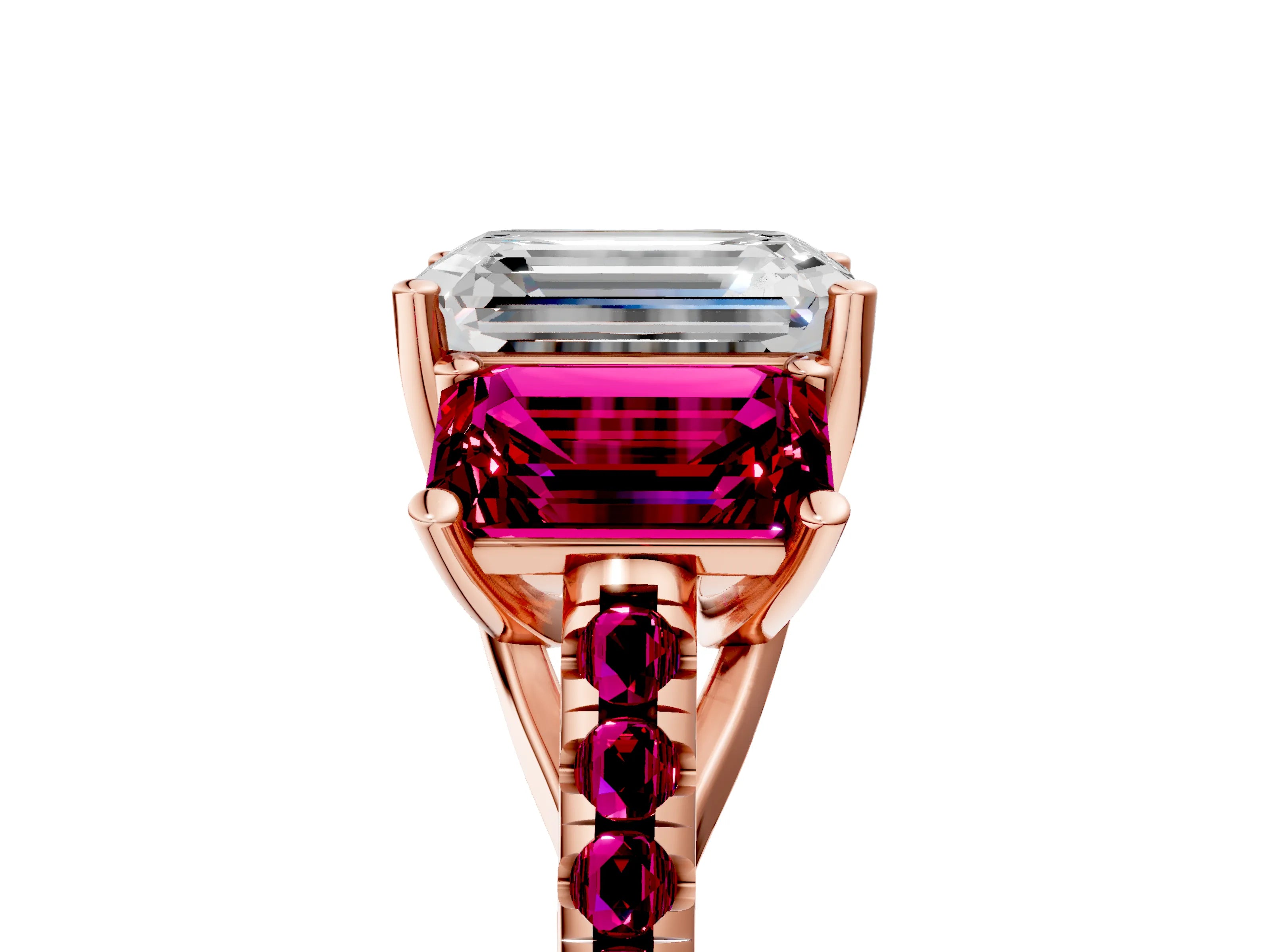 Rose gold Three-Stone Emerald Cut Diamond Ring with Round with Garnet side stone Pavé Band and Prong Setting_5