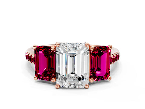 Rose gold Three-Stone Emerald Cut Diamond Ring with Round with Garnet side stone Pavé Band and Prong Setting