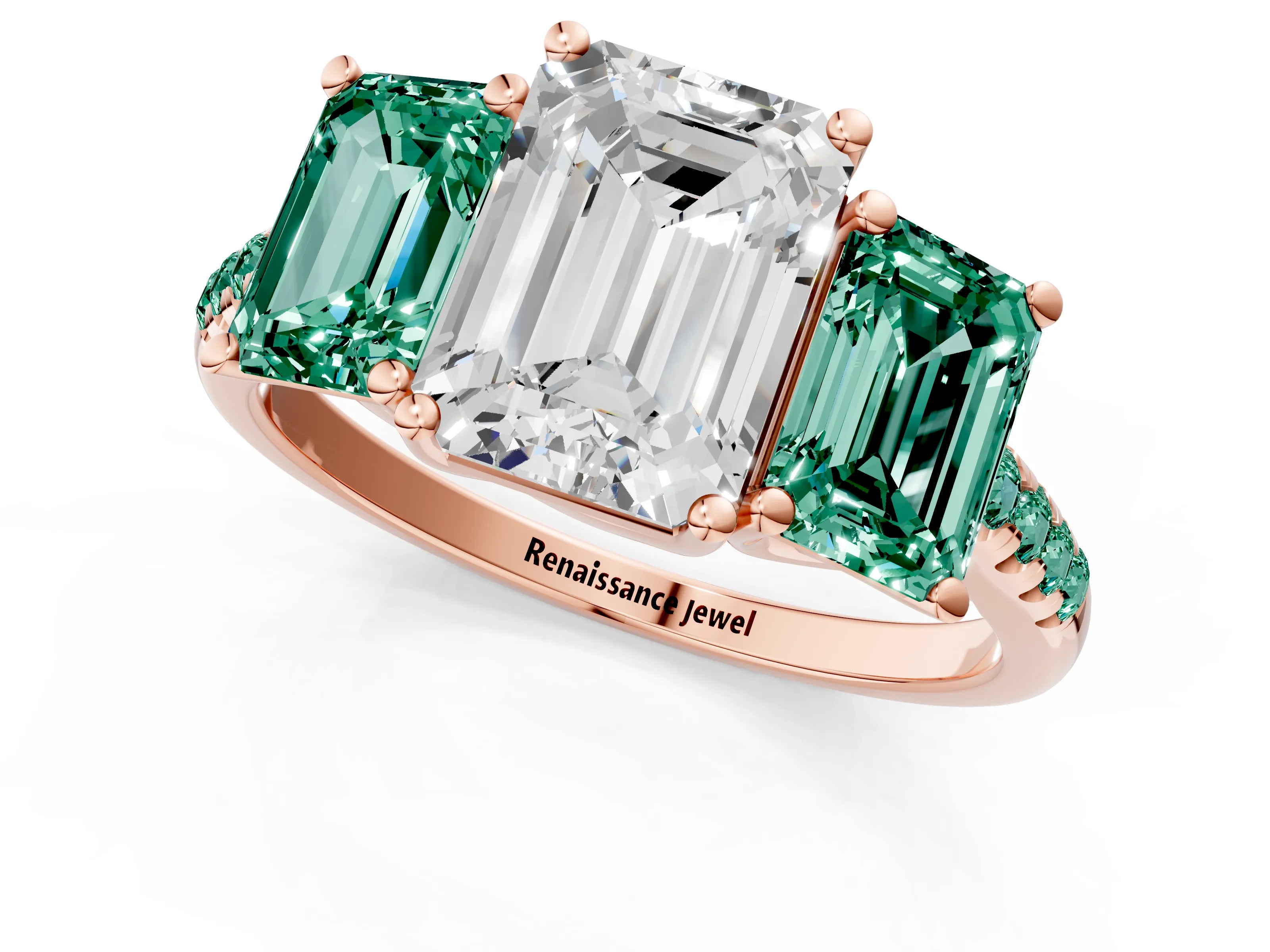 Rose gold Three-Stone Emerald Cut Diamond Ring with Round with Green Sapphire side stone Pavé Band and Prong Setting_1