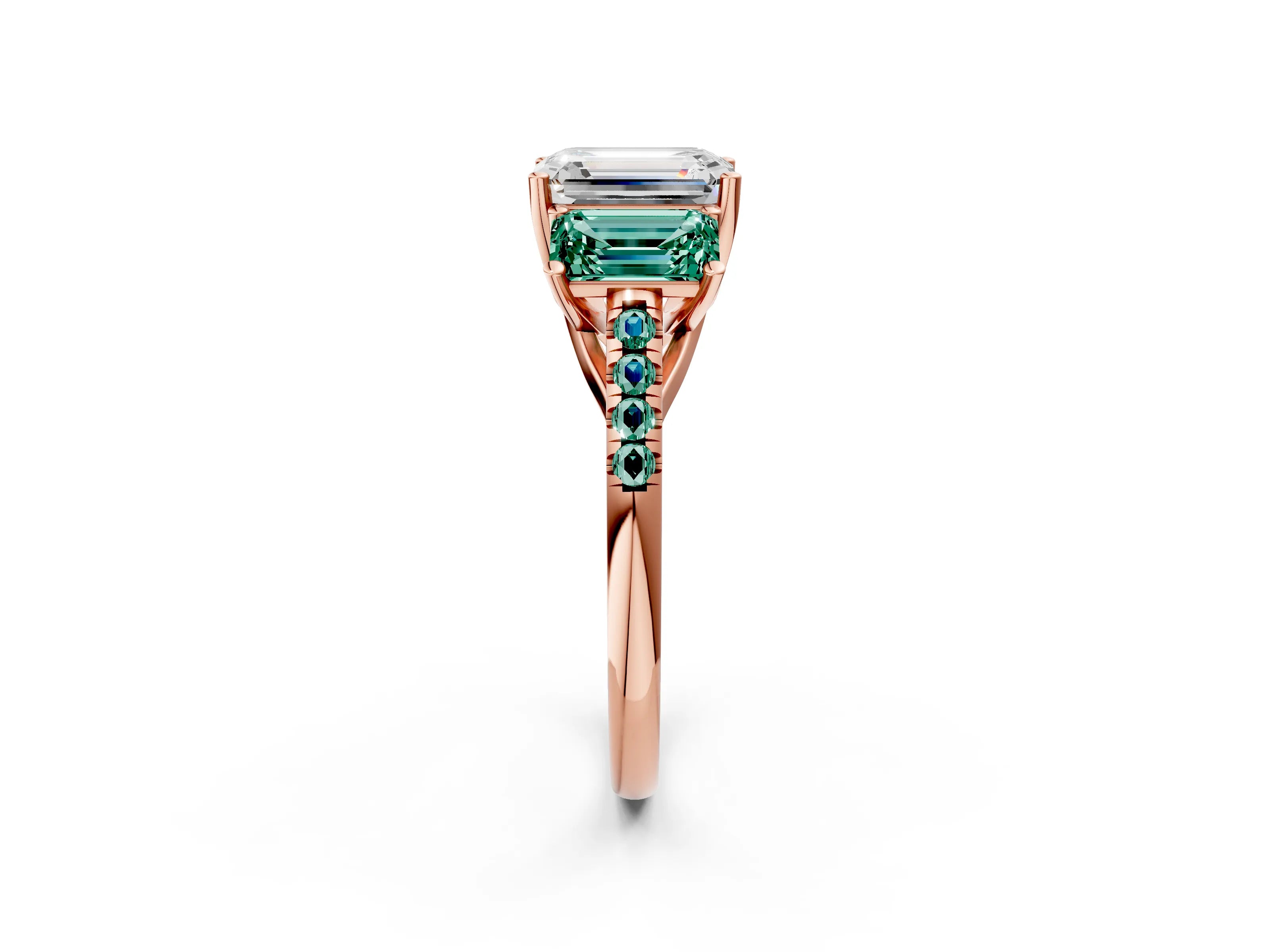 Rose gold Three-Stone Emerald Cut Diamond Ring with Round with Green Sapphire side stone Pavé Band and Prong Setting_2