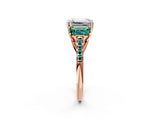 Rose gold Three-Stone Emerald Cut Diamond Ring with Round with Green Sapphire side stone Pavé Band and Prong Setting_2