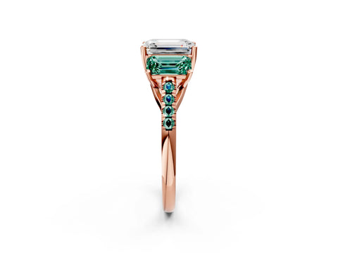 Rose gold Three-Stone Emerald Cut Diamond Ring with Round with Green Sapphire side stone Pavé Band and Prong Setting_2