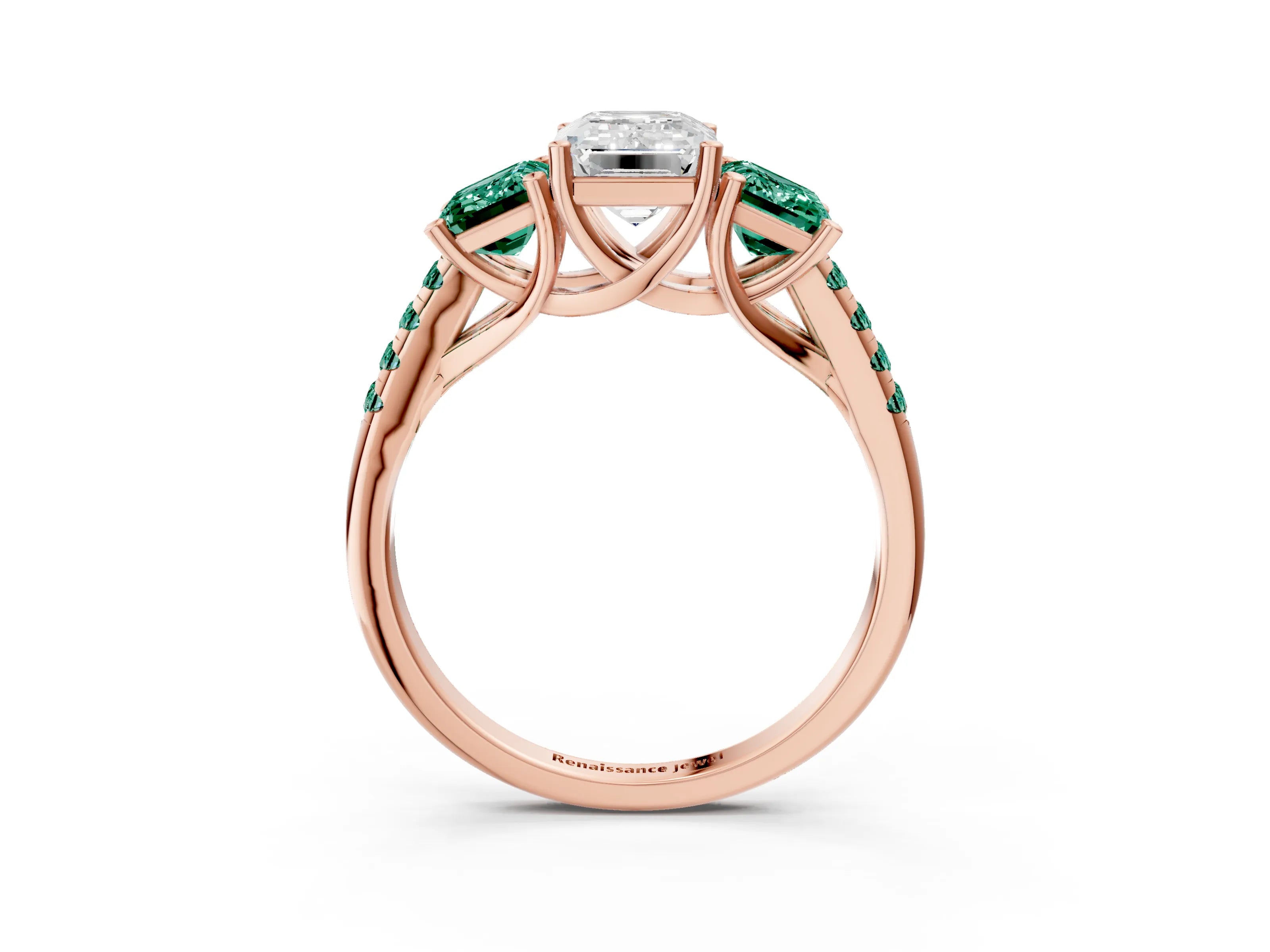 Rose gold Three-Stone Emerald Cut Diamond Ring with Round with Green Sapphire side stone Pavé Band and Prong Setting_3