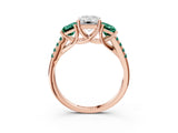 Rose gold Three-Stone Emerald Cut Diamond Ring with Round with Green Sapphire side stone Pavé Band and Prong Setting_3