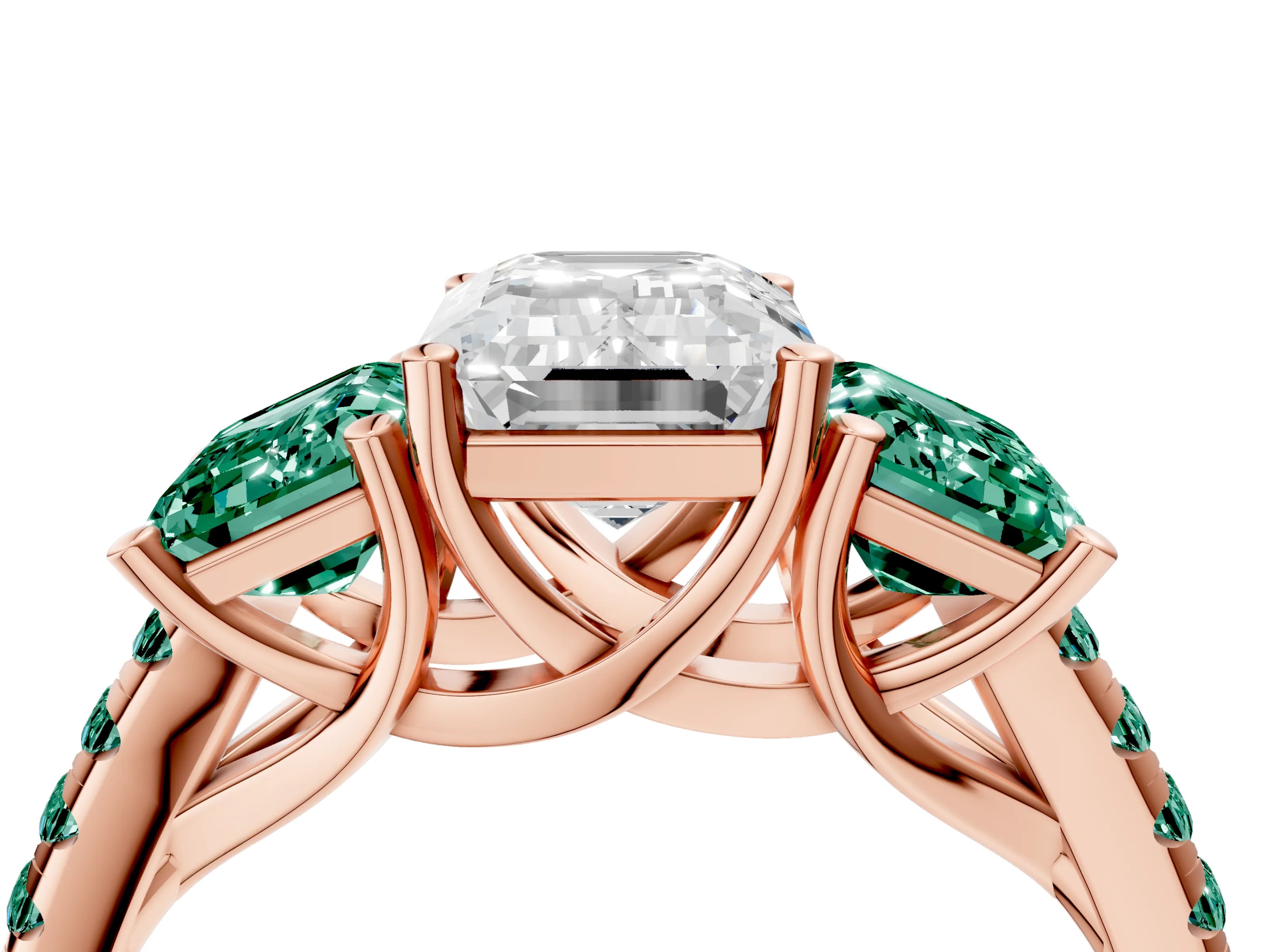 Rose gold Three-Stone Emerald Cut Diamond Ring with Round with Green Sapphire side stone Pavé Band and Prong Setting_4