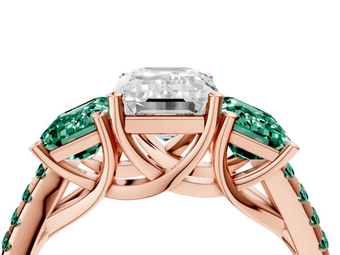 Rose gold Three-Stone Emerald Cut Diamond Ring with Round with Green Sapphire side stone Pavé Band and Prong Setting_4