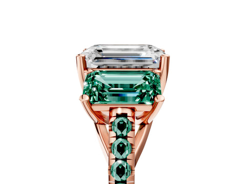 Rose gold Three-Stone Emerald Cut Diamond Ring with Round with Green Sapphire side stone Pavé Band and Prong Setting_5