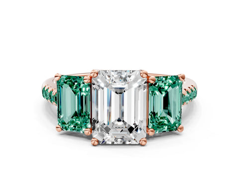 Rose gold Three-Stone Emerald Cut Diamond Ring with Round with Green Sapphire side stone Pavé Band and Prong Setting