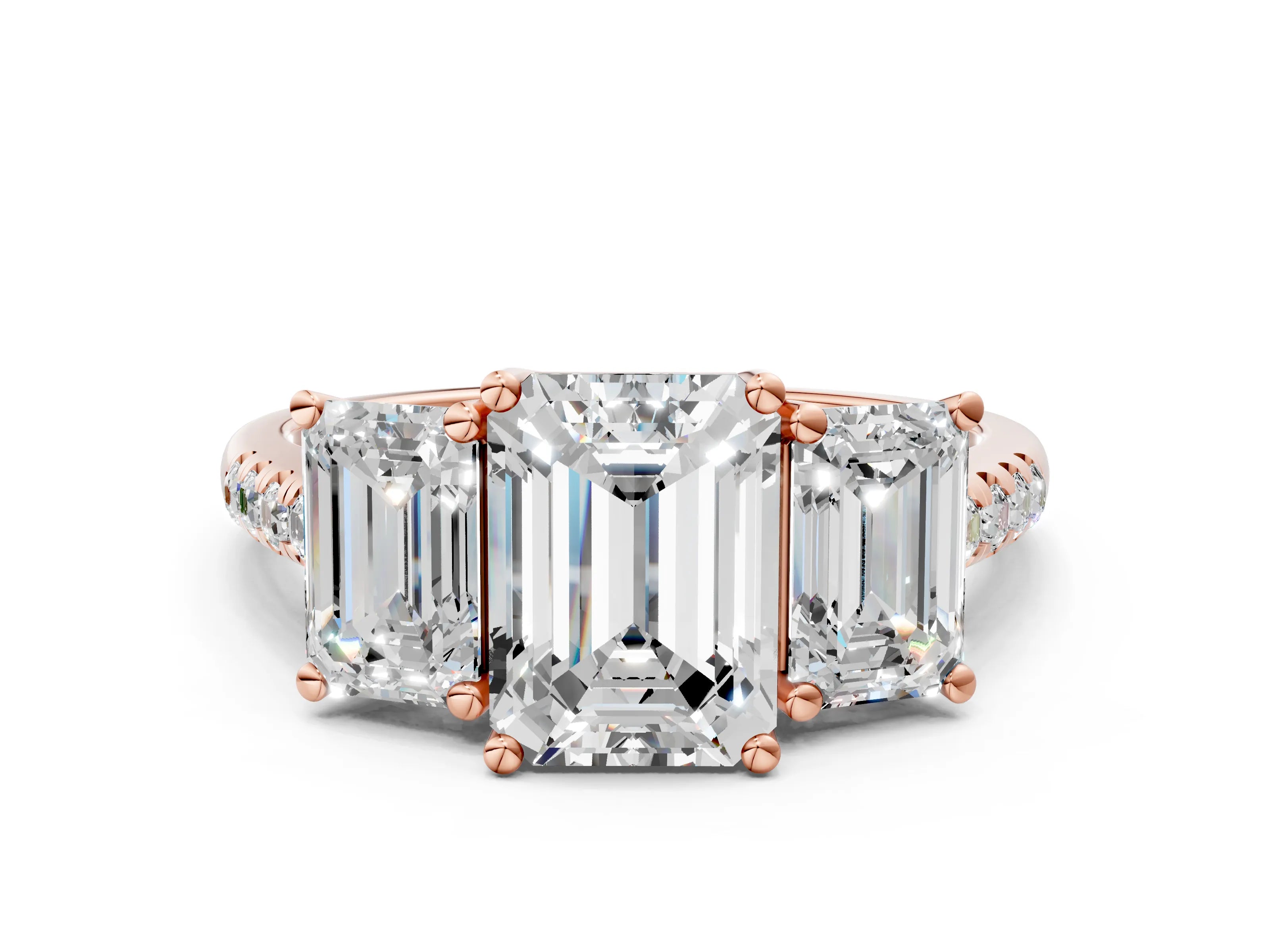 Rose gold Three-Stone Emerald Cut Diamond Ring with Round with Moissanite side stone Pavé Band and Prong Setting