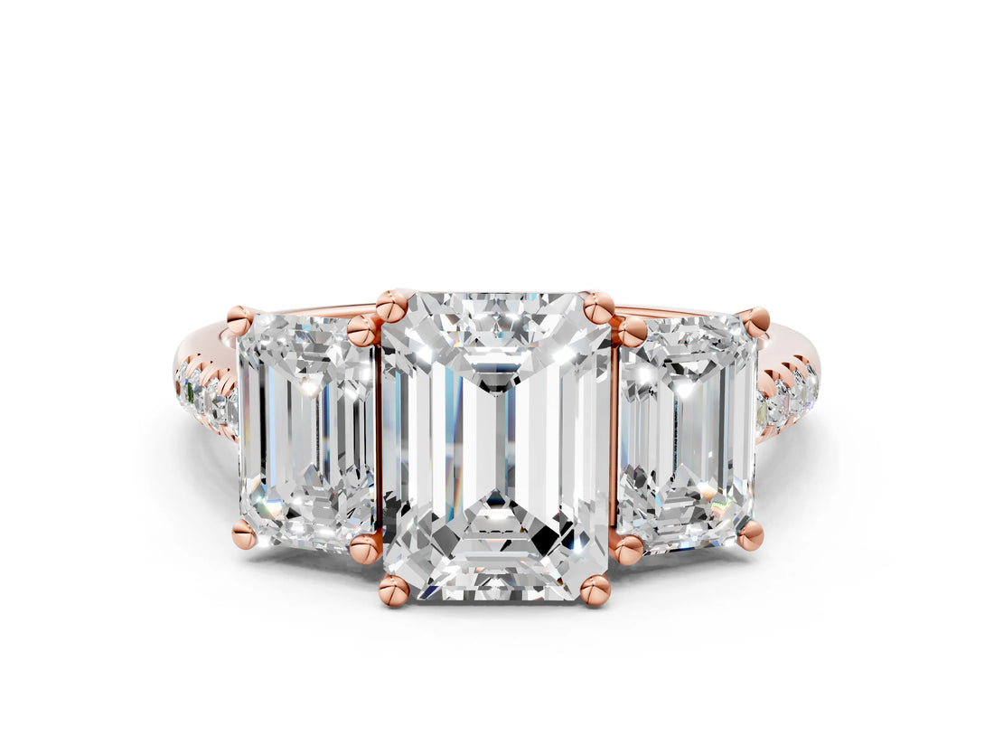 Rose gold Three-Stone Emerald Cut Diamond Ring with Round with Moissanite side stone Pavé Band and Prong Setting