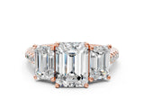 Rose gold Three-Stone Emerald Cut Diamond Ring with Round with Moissanite side stone Pavé Band and Prong Setting