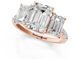 Rose gold Three-Stone Emerald Cut Diamond Ring with Round with Moissanite side stone Pavé Band and Prong Setting_1